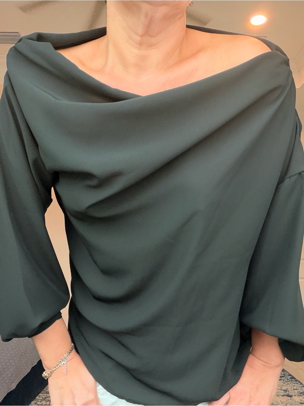 Off-Shoulder Draped Blouse in Deep Forest Green